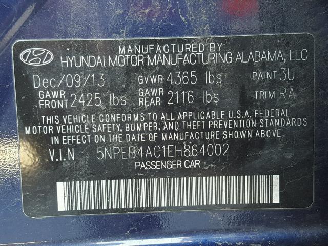 5NPEB4AC1EH864002 - 2014 HYUNDAI SONATA GLS BLUE photo 10