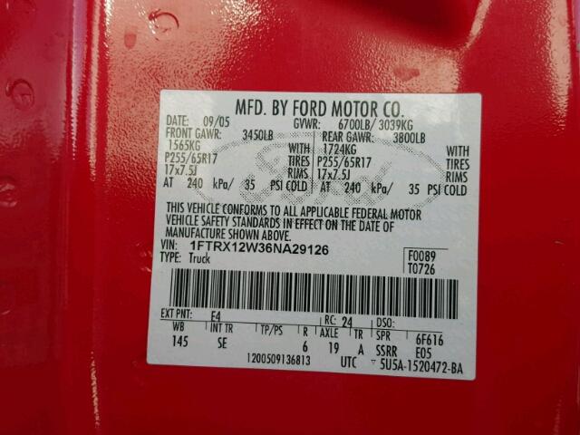 1FTRX12W36NA29126 - 2006 FORD F150 RED photo 10