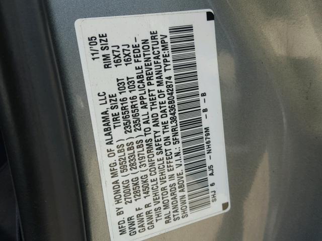 5FNRL38436B042874 - 2006 HONDA ODYSSEY EX GRAY photo 10