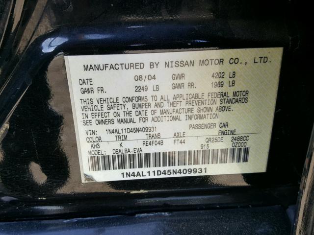 1N4AL11D45N409931 - 2005 NISSAN ALTIMA S BLACK photo 10