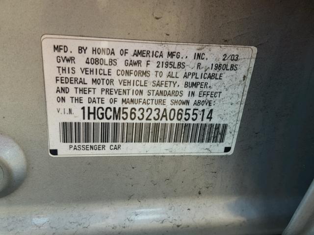 1HGCM56323A065514 - 2003 HONDA ACCORD LX SILVER photo 10