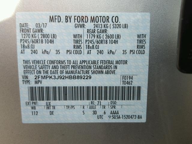 2FMPK3J92HBB89229 - 2017 FORD EDGE SEL SILVER photo 10