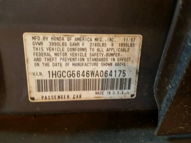 1HGCG5646WA064175 - 1998 HONDA ACCORD LX CHARCOAL photo 10