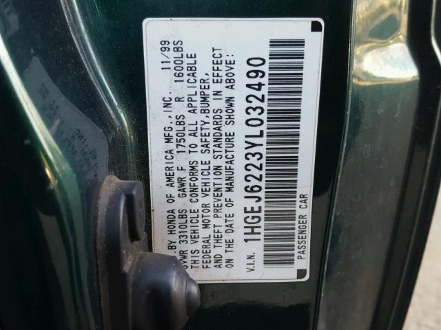 1HGEJ6223YL032490 - 2000 HONDA CIVIC DX GREEN photo 10