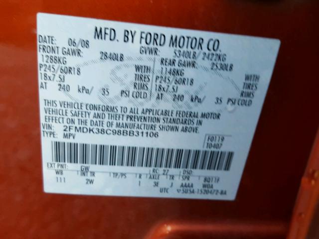 2FMDK38C98BB31106 - 2008 FORD EDGE SEL ORANGE photo 10