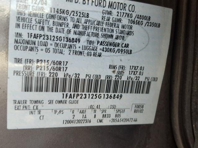 1FAFP23125G136849 - 2005 FORD FIVE HUNDR GRAY photo 10