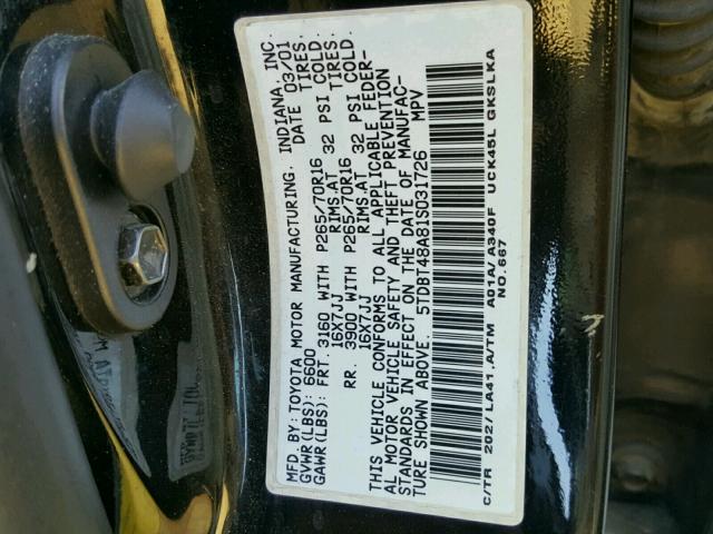 5TDBT48A81S031726 - 2001 TOYOTA SEQUOIA LI BLACK photo 10