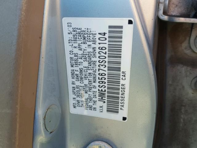 JHMES95673S026104 - 2003 HONDA CIVIC HYBR BLUE photo 10