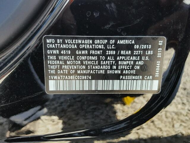 1VWAT7A36EC029874 - 2014 VOLKSWAGEN PASSAT S შავი ფოტო 10