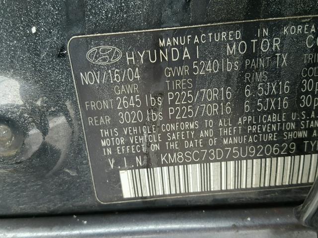 KM8SC73D75U920629 - 2005 HYUNDAI SANTA FE G BLACK photo 10