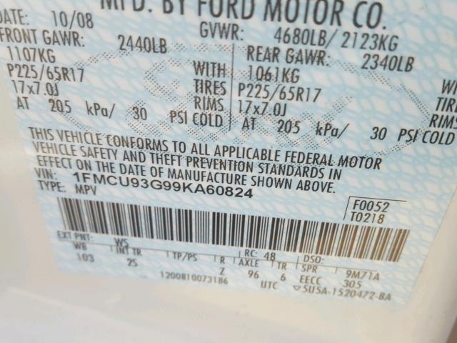 1FMCU93G99KA60824 - 2009 FORD ESCAPE XLT WHITE photo 10