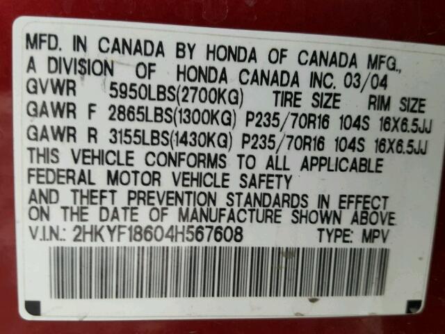 2HKYF18604H567608 - 2004 HONDA PILOT EXL RED photo 10