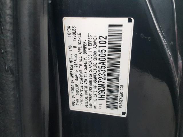 1HGCM72335A005102 - 2005 HONDA ACCORD LX GRAY photo 10