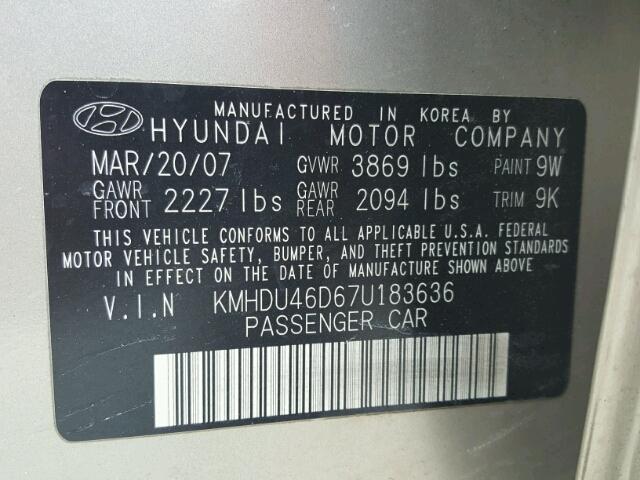 KMHDU46D67U183636 - 2007 HYUNDAI ELANTRA GL GOLD photo 10