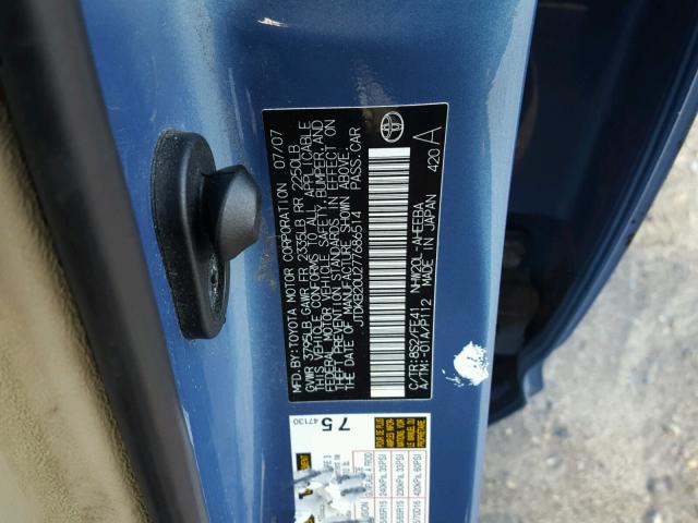 JTDKB20U277686514 - 2007 TOYOTA PRIUS BLUE photo 10