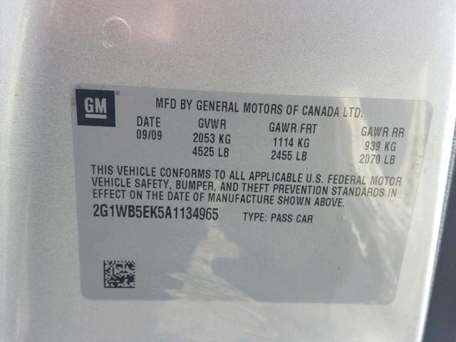 2G1WB5EK5A1134965 - 2010 CHEVROLET IMPALA LT SILVER photo 10