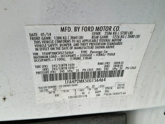 1FAHP2MK5EG156464 - 2014 FORD TAURUS POL WHITE photo 10