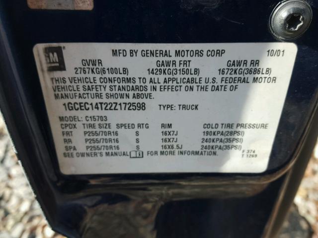 1GCEC14T22Z172598 - 2002 CHEVROLET SILVERADO BLUE photo 10