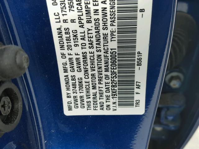 19XFB2F53FE060051 - 2015 HONDA CIVIC LX BLUE photo 10