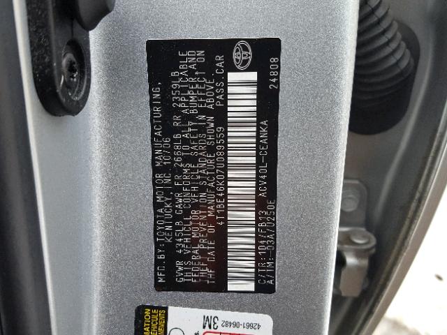 4T1BE46K07U089559 - 2007 TOYOTA CAMRY NEW SILVER photo 10