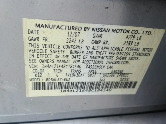 1N4AL21E48C184540 - 2008 NISSAN ALTIMA 2.5 SILVER photo 10