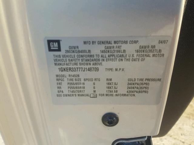 1GKER33777J148709 - 2007 GMC ACADIA SLT ოქროსფერი ფოტო 10