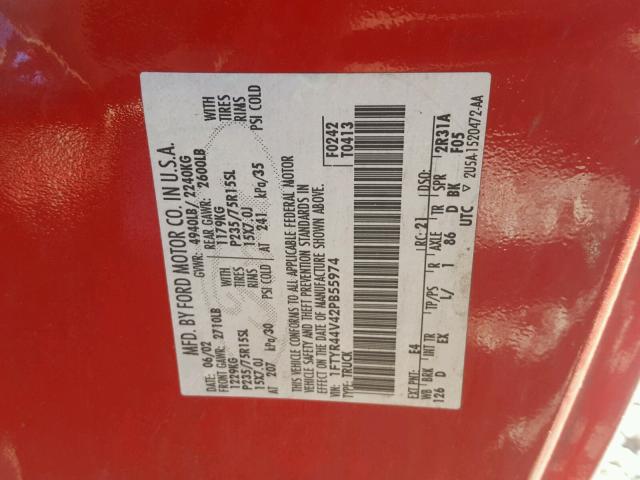 1FTYR44V42PB55974 - 2002 FORD RANGER SUP RED photo 10