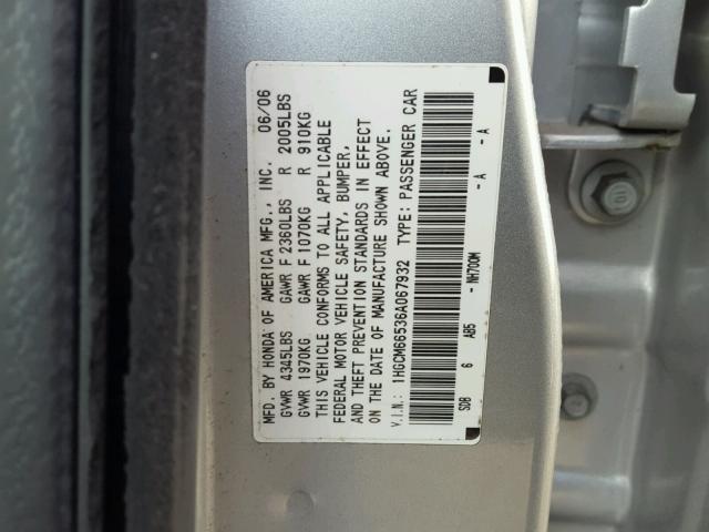 1HGCM66536A067932 - 2006 HONDA ACCORD EX SILVER photo 10