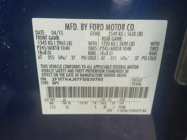 2FMTK4J87FBB39760 - 2015 FORD EDGE SEL BLUE photo 10