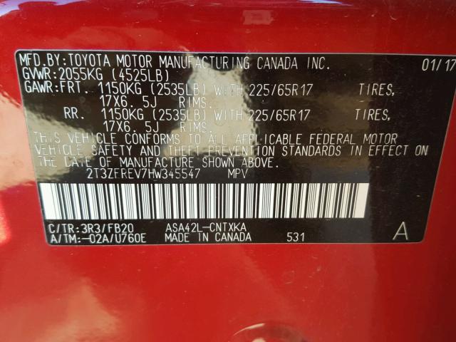 2T3ZFREV7HW345547 - 2017 TOYOTA RAV4 LE RED photo 10