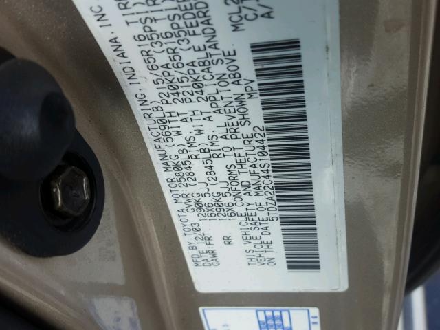 5TDZA22C44S104422 - 2004 TOYOTA SIENNA XLE GOLD photo 10