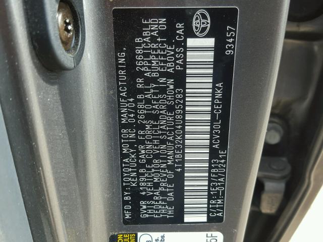 4T1BE32K04U895283 - 2004 TOYOTA CAMRY LE CHARCOAL photo 10