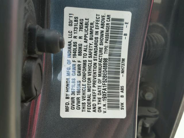 19XFA1F52BE048898 - 2011 HONDA CIVIC LX CHARCOAL photo 10