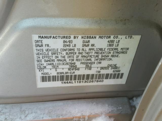 1N4AL11D13C267840 - 2003 NISSAN ALTIMA BAS SILVER photo 10