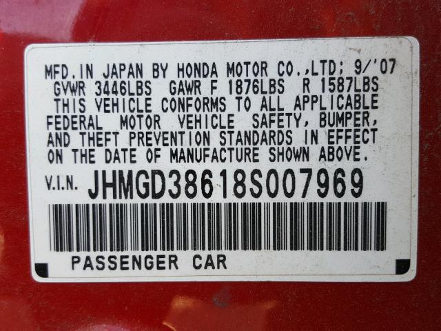 JHMGD38618S007969 - 2008 HONDA FIT SPORT RED photo 10