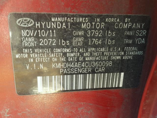 KMHDH4AE4CU360098 - 2012 HYUNDAI ELANTRA GL RED photo 10