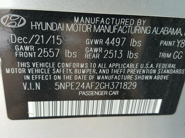 5NPE24AF2GH371829 - 2016 HYUNDAI SONATA SE SILVER photo 10