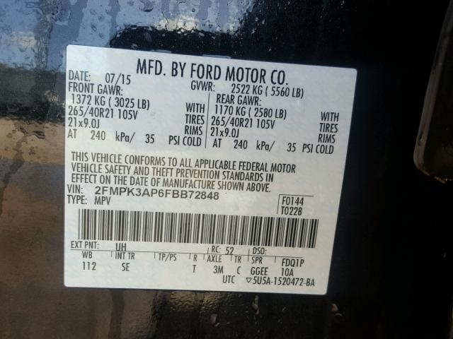 2FMPK3AP6FBB72848 - 2015 FORD EDGE SPORT BLACK photo 10