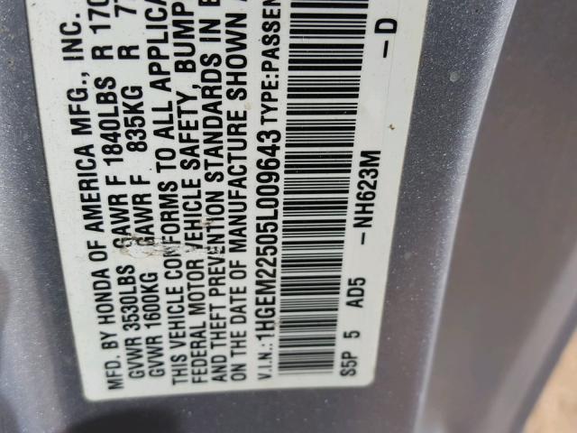 1HGEM22505L009643 - 2005 HONDA CIVIC LX SILVER photo 10