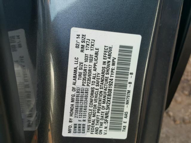 5FNRL5H2XEB081924 - 2014 HONDA ODYSSEY LX GRAY photo 10