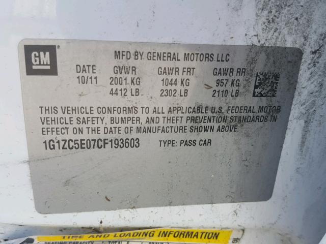 1G1ZC5E07CF193603 - 2012 CHEVROLET MALIBU 1LT 白色 照片 10