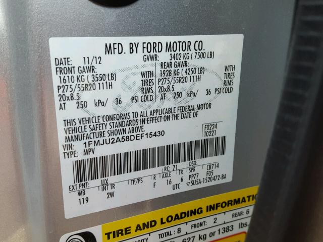 1FMJU2A58DEF15430 - 2013 FORD EXPEDITION SILVER photo 10