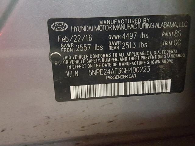 5NPE24AF3GH400223 - 2016 HYUNDAI SONATA SE GRAY photo 10