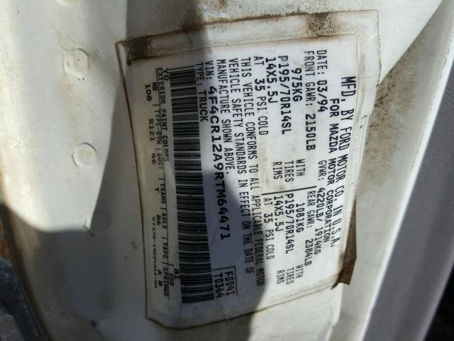 4F4CR12A9RTM64471 - 1994 MAZDA B2300 WHITE photo 10