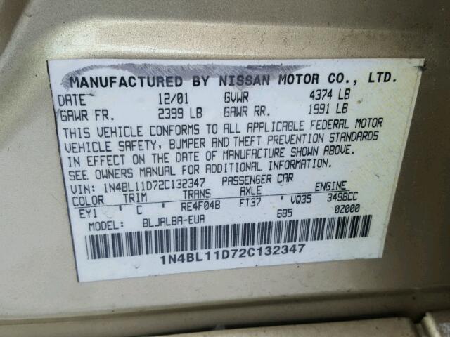 1N4BL11D72C132347 - 2002 NISSAN ALTIMA SE GOLD photo 10