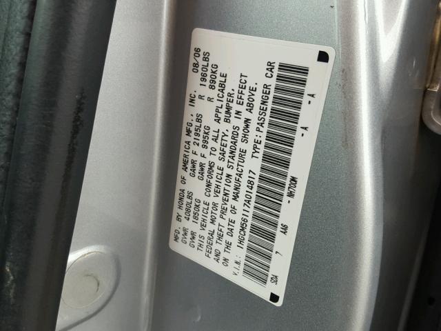 1HGCM56117A014817 - 2007 HONDA ACCORD VAL SILVER photo 10