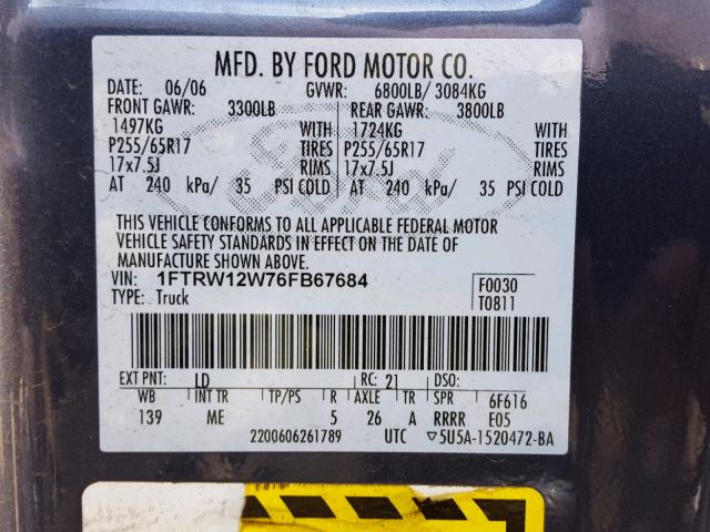 1FTRW12W76FB67684 - 2006 FORD F150 SUPER BLUE photo 10