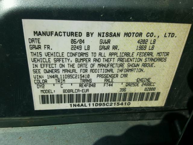 1N4AL11D95C215410 - 2005 NISSAN ALTIMA S SILVER photo 10