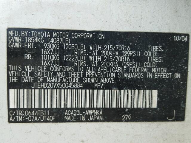 JTEHD20VX50045884 - 2005 TOYOTA RAV4 WHITE photo 10