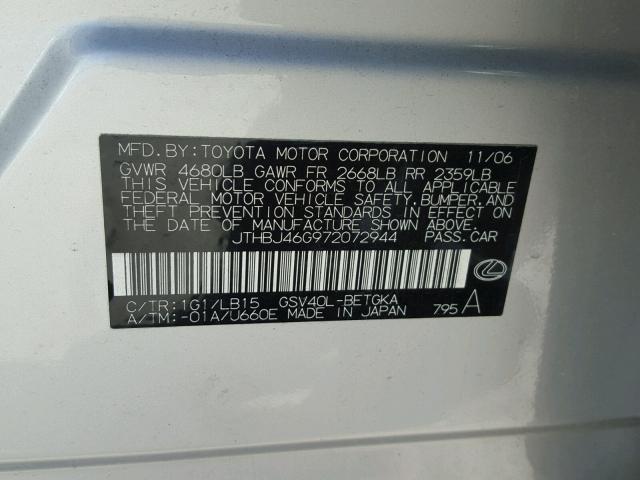 JTHBJ46G972072944 - 2007 LEXUS ES 350 GRAY photo 10